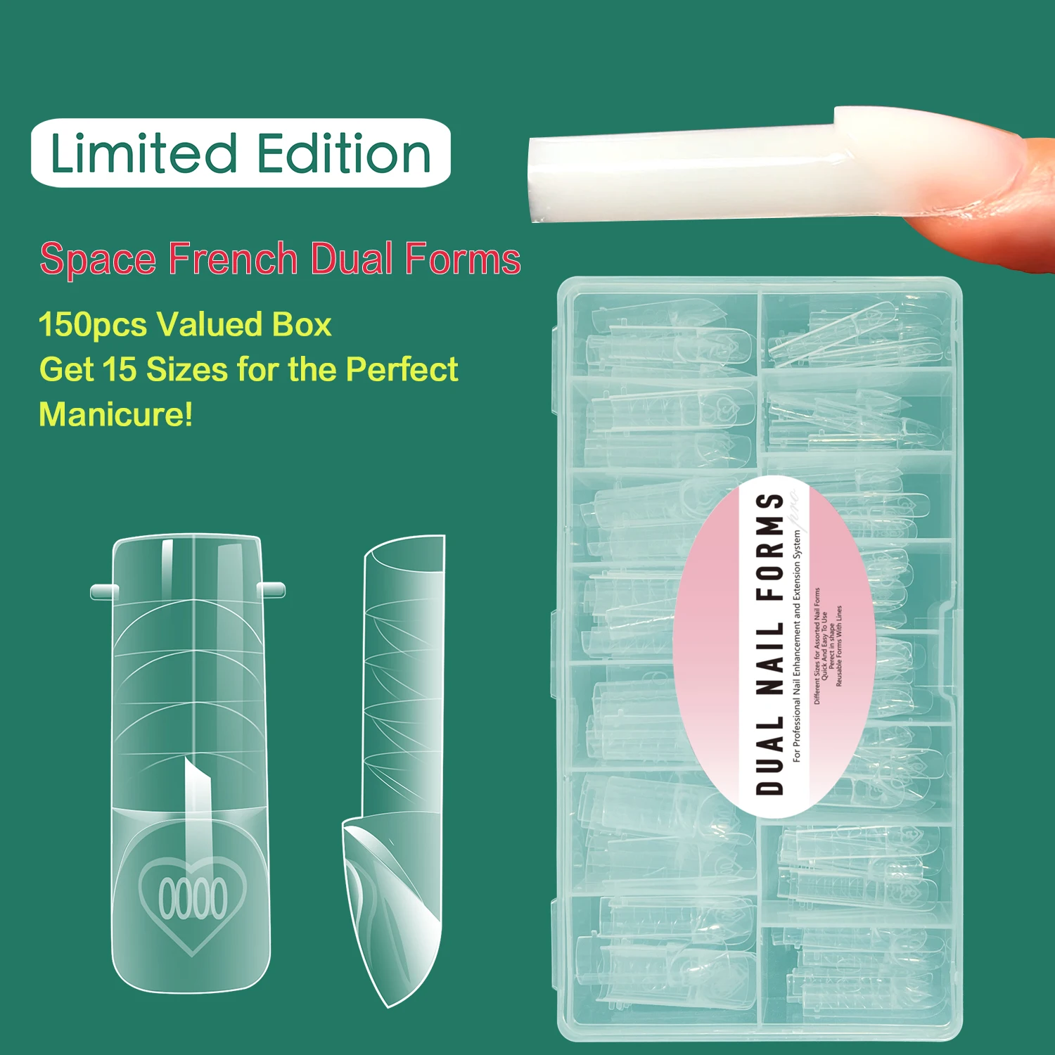 150pcs Space French Dual Forms 15 Sizes Clear Reusable Nail Extension Builder Gel Zone French Dual Nail Mold Tip Manicure Tool