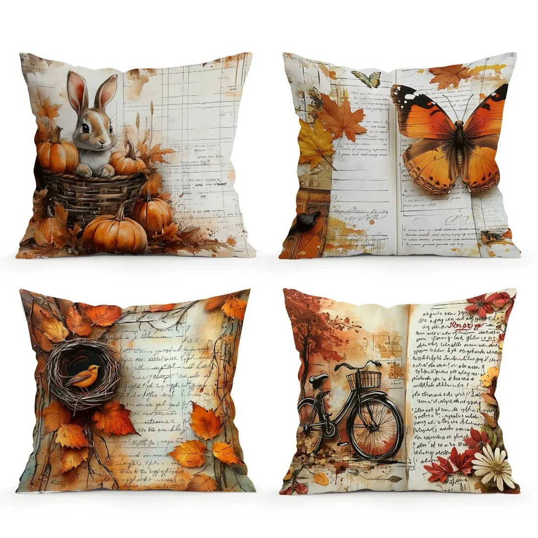 Autumn Scene: Bunny, Butterfly, Bicycle Decor Pattern Cushion Cover Suitable For Sofa Bedroom Car Pillow Cover