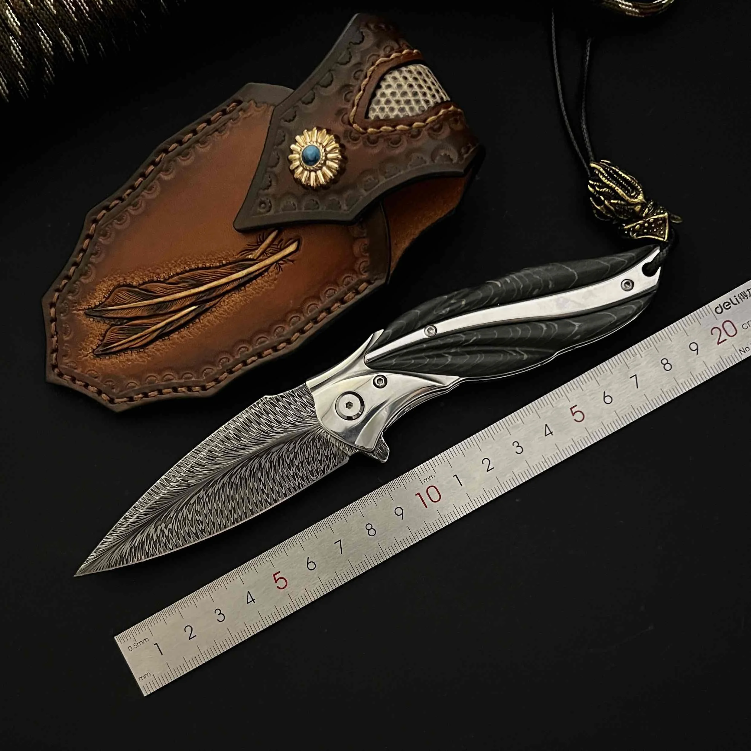 

Hand forged imported feather mosquito Damascus steel blade outdoor tactical folding high-end small knife self-defense tool knife