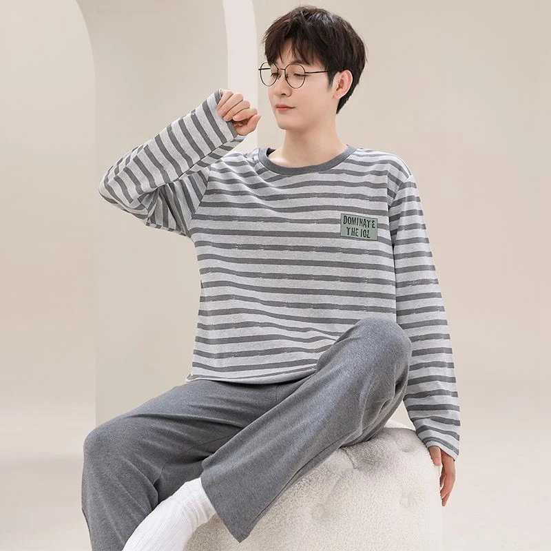 

Осень 2023, повседневные полосатые пижамные комплекты с длинными рукавами из 100% хлопка для мужчин, корейские свободные пижамы, мужская домашняя одежда, домашняя одежда