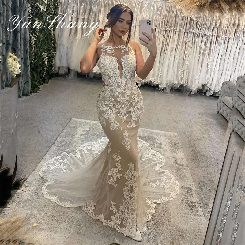 Yunshang Luxury Mermaid Wedding Dresses Women Lace Spaghetti Straps Open Back O-Neck Bridal Gowns Sweep Train Vestidos De Novia