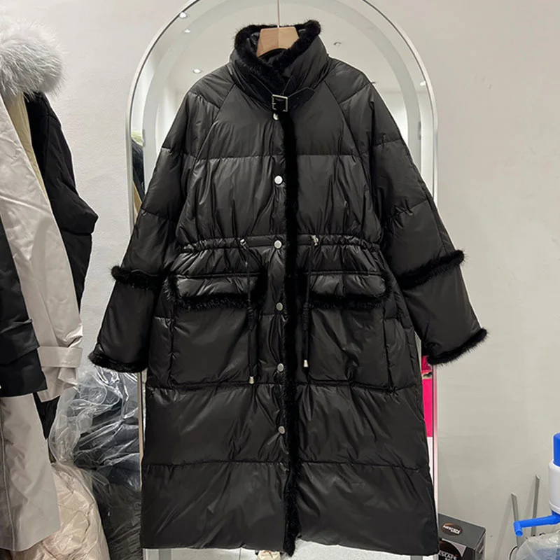 Patchwork luxury Mink Women Hair Long Jacket New Casual Style Autumn Winter White Duck Down Coats And Parkas Female Outwear