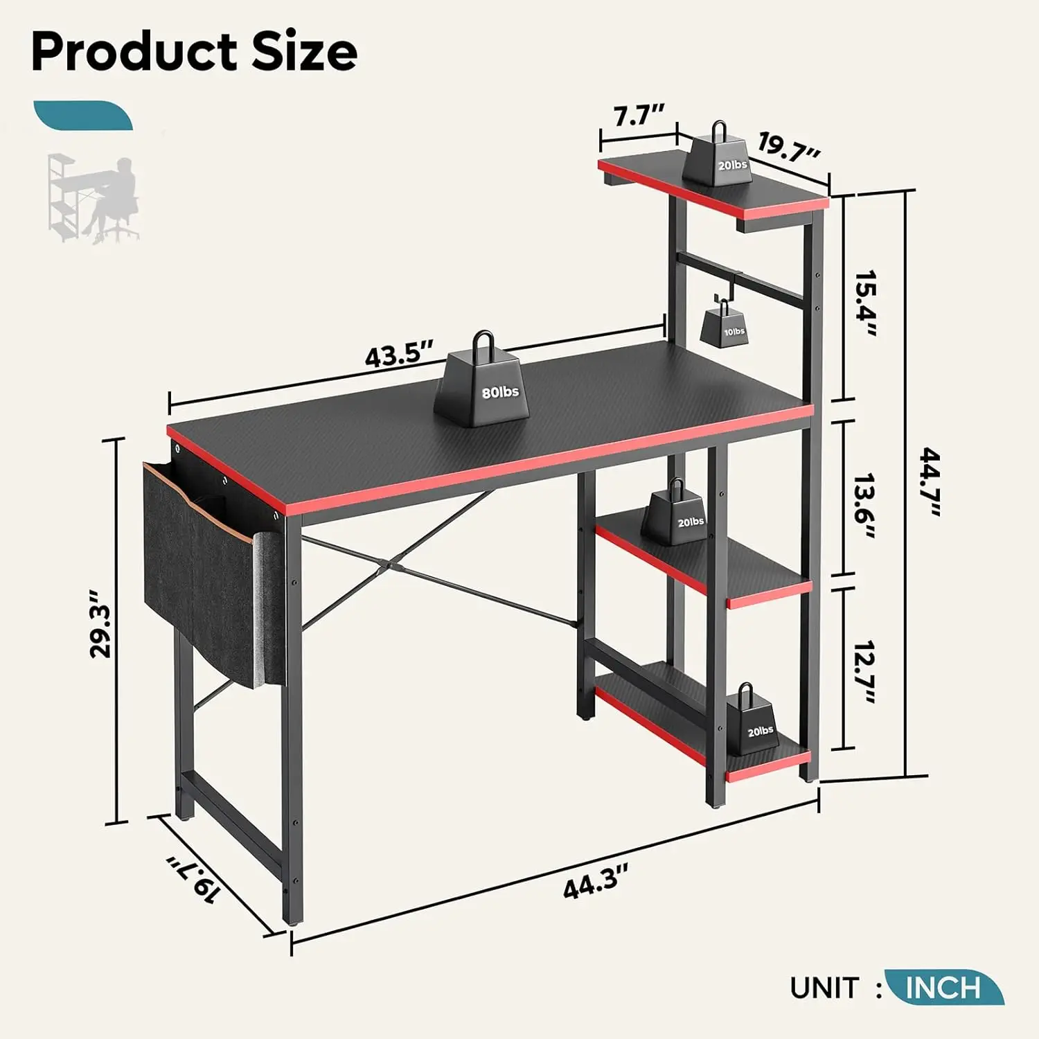 Gaming Desk with LED Lights, 44 Inch PC Gamer Desk for Small Spaces, Computer Desk with Reversible Storage Shelves