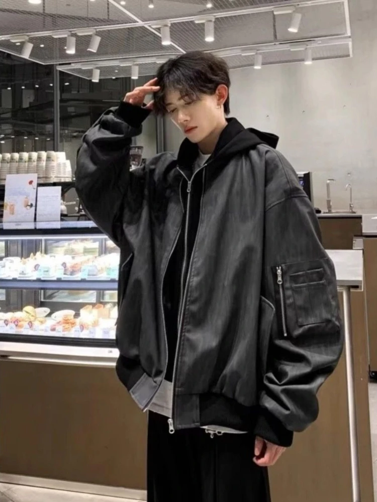 

Мужская повседневная куртка из двух предметов с капюшоном, свободная посадка, модная кожаная верхняя одежда в уличном стиле на осень 2024, уникальный дизайн