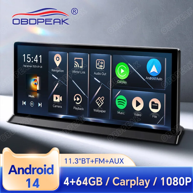 11.3″  Android 14 AI Screen 4+64GB HD 1080P Dash Cam  Wireless CarPlay & Android Auto Dual Recording GPS Navigation AUX Car DVR