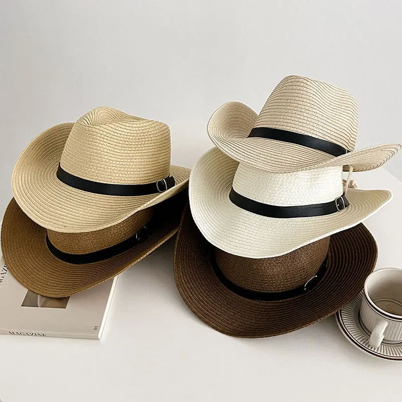 Men and Women Western Cowboy Hat Summer Beach Sun Hat Outdoor Fishing Hat Sun Protection Straw Hat Men's Courtesy Hat Panama