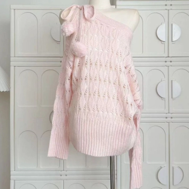 ディープタウン甘いセクシーな中空ニットプルオーバー女性オフショルダー和風エレガントなセーターかわいいロリータレースアップジャンパー