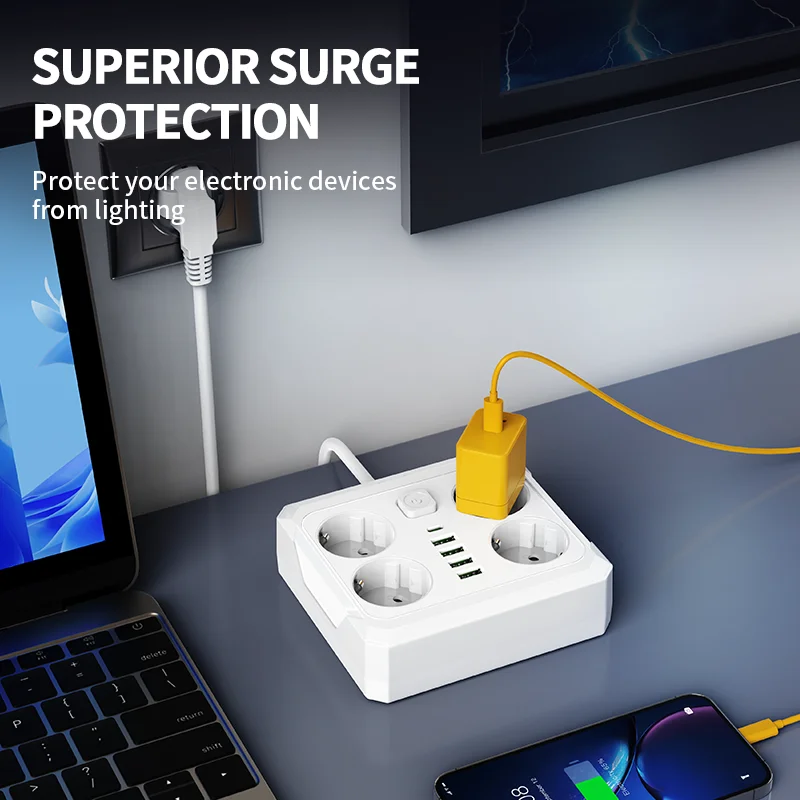 Power Strip 2026 New、Square Compact Design、Mini Square Power Strip、Small Desktop Size 9-in-1、4 Schuko AC、5 USB-A、1 Type-C、2.1A F