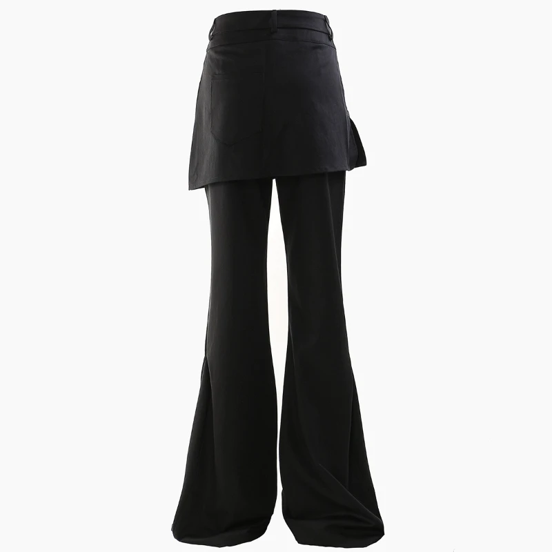 CHICEVER Retro Fake ​​two Piece Skirt Pants for Women High Waist Patchwork 3D Pockets Slimming Denim Flared Trousers Female New