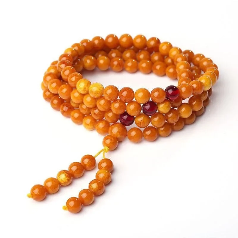 Old Beeswax Bracelet Multi-circle Amber Bead Bracelet, Chicken Oil Yellow Ethnic Style 108 Buddha Bead Bracelet