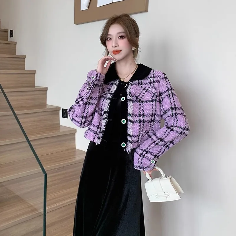 Women\'s Autumn Winter 2023 New Popular Plaid Purple Tweed Coat Korean Fashion Outwear Jacket