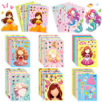 6-42Sheets Children DIY Puzzle Sticker Games 6 Princess Mermaid Make A Face Funny Assemble Jigsaw Stickers Kids Educational Toys