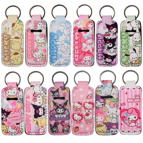 Lovely Anime Clip On Lipstick Holder Keychain Print Cartoon Keyring Trendy Lip Balm Key Chain Bag Charms Travel Accessories