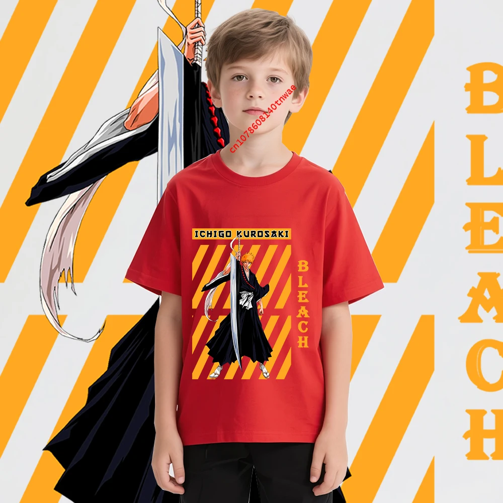 Bleach Ichigo Kurosaki Anime Print Cotton T Shirt for Boys Cartoon T shirts Kids Short Sleeve Tee Childrens Clothing view 6