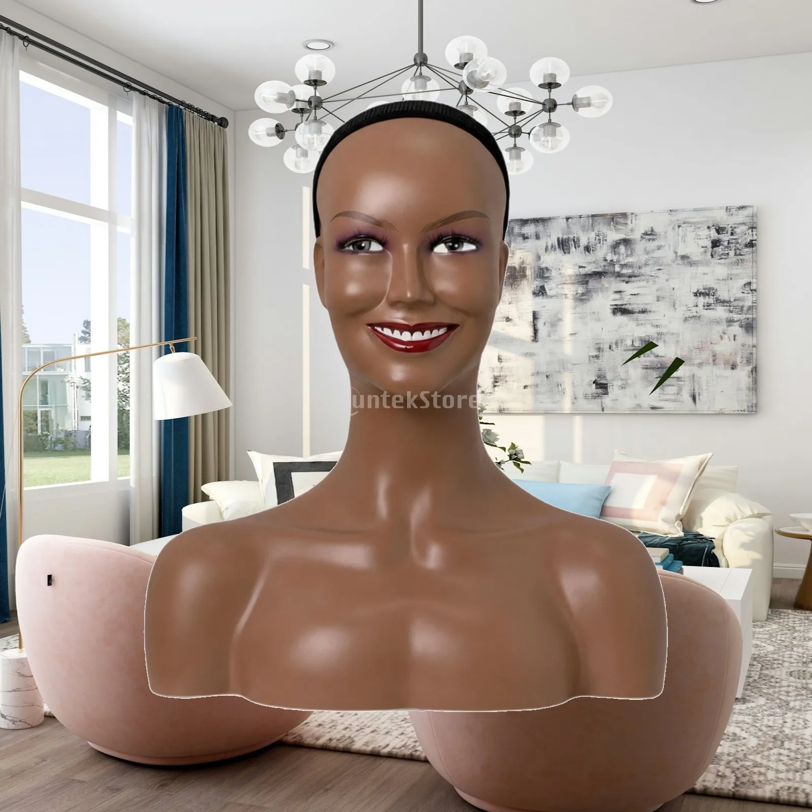 PVC Mannequin Head with Molded Face and Smile for Wig Cap Hat Display Salon Boutique Photography Styling Prop
