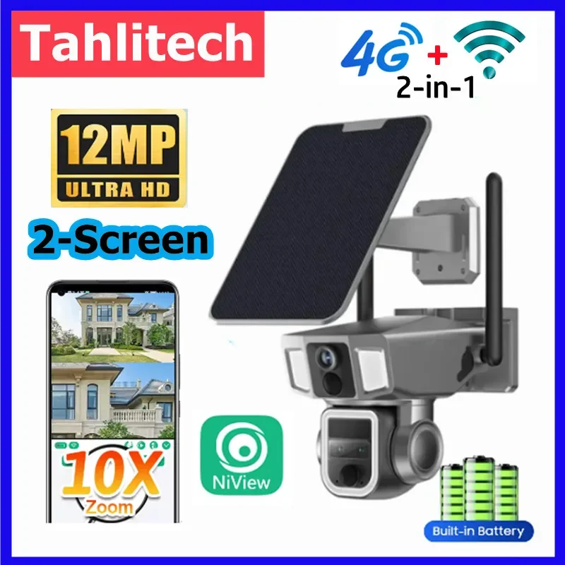 야외 듀얼 스크린 태양광 카메라, 12MP, 6K, 10X 줌, 2 in 1, 3 렌즈, 듀얼 PIR 감지, 자동 추적 CCTV 카메라