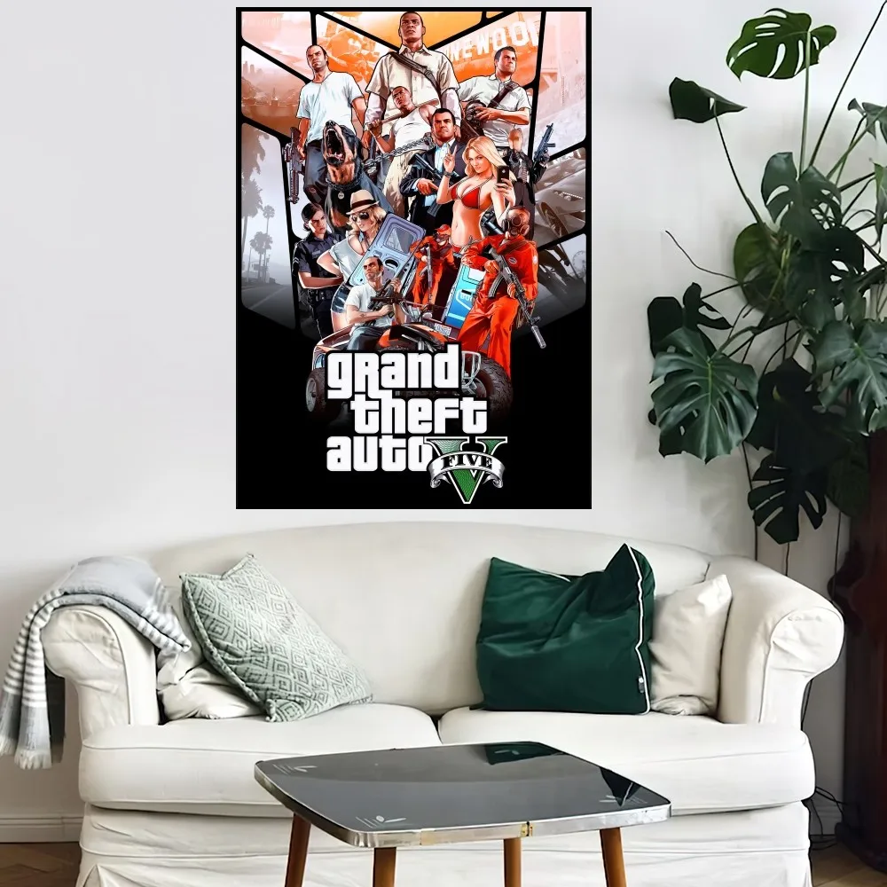 GTA 5 Grand Theft Auto Vice City Game Poster Small Bar Coffee House Decor Aesthetic Art Wall Painting Stickers Indoor