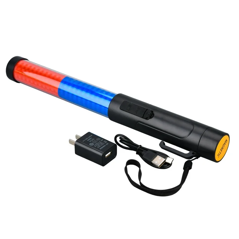 35cm Emergency Rechargeable Command Red Blue LED Flashing Fluorescent Stick Traffic Light Magnetic Suction Whistle Type-C