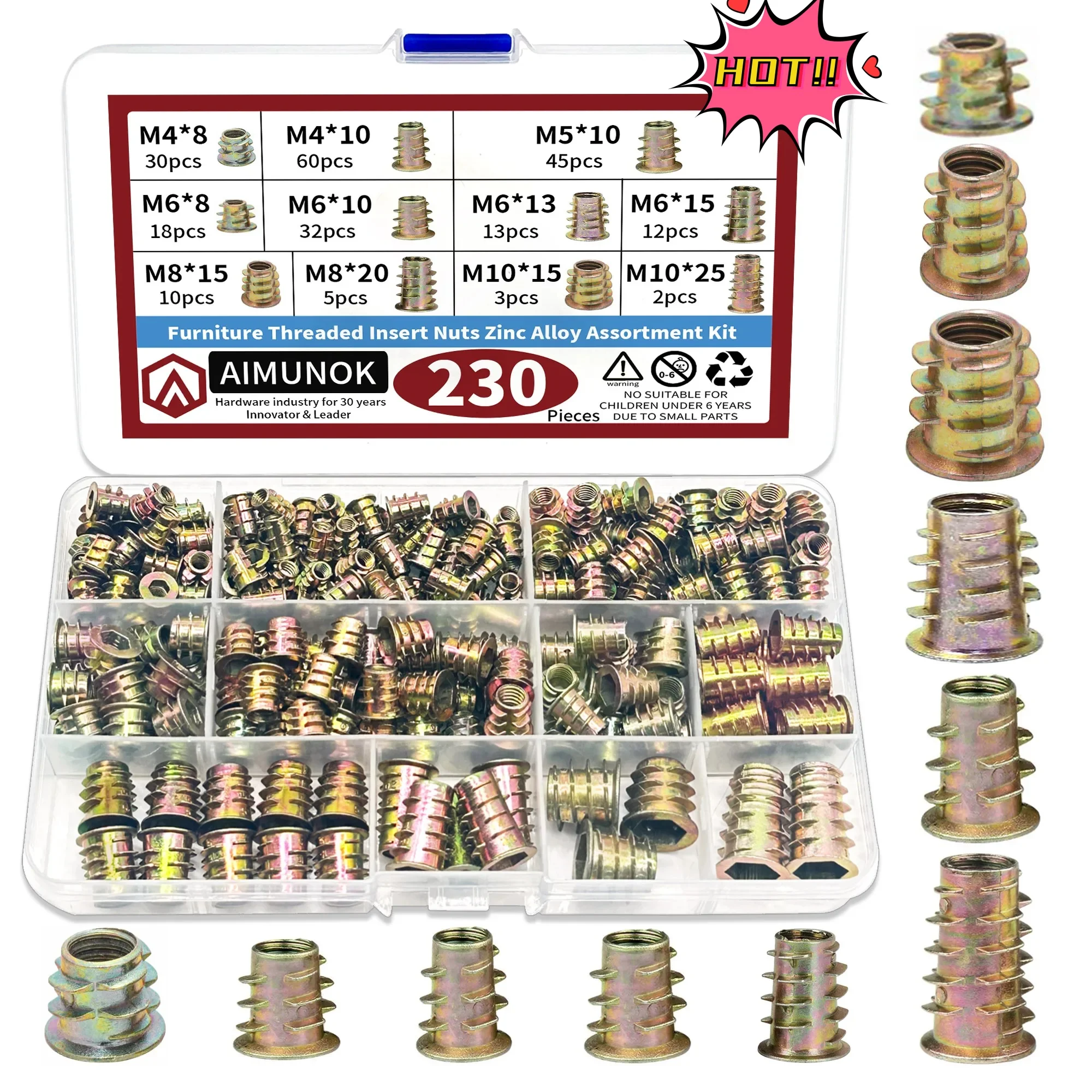 

230 шт. гайка с резьбой E-гайка M4 M5 M6 M8 Набор для деревянной мебели Кровать Шкаф Стол Встроенная шестигранная головка с шестигранной головкой