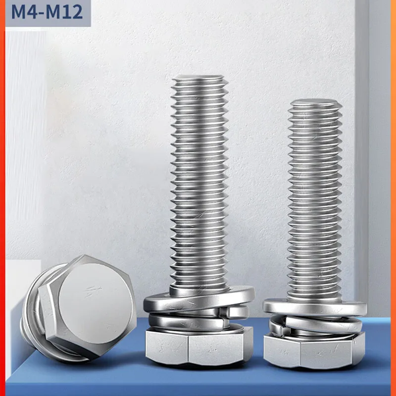 5pcs M4 M5 M6 M8 M10 304 Stainless Steel Hexagon Bolt Screw And Nut Set Large Full Extension Screw