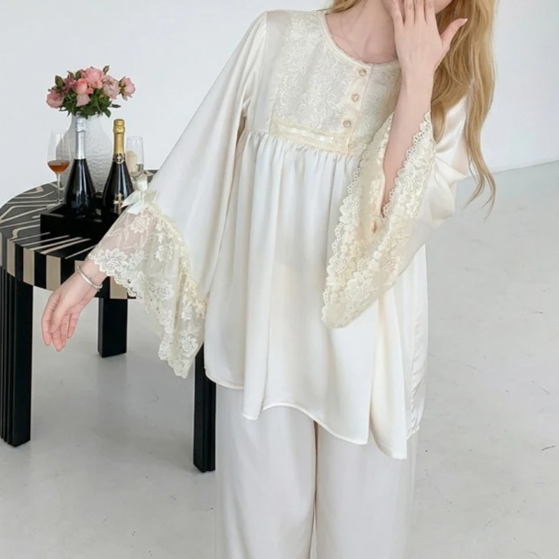 Ice Silk Pajamas for Women,solid Color Lace, High-end Long-sleeved Suit, Round Neck, Can Be Worn Outside, Home Wear, Summer