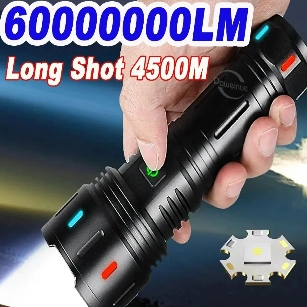 60000000LM Most Powerful LED Flashlight USB Rechargeable Lamp 800W LED Flashlights Super Bright Zoomable Torch Long Shot 4500M