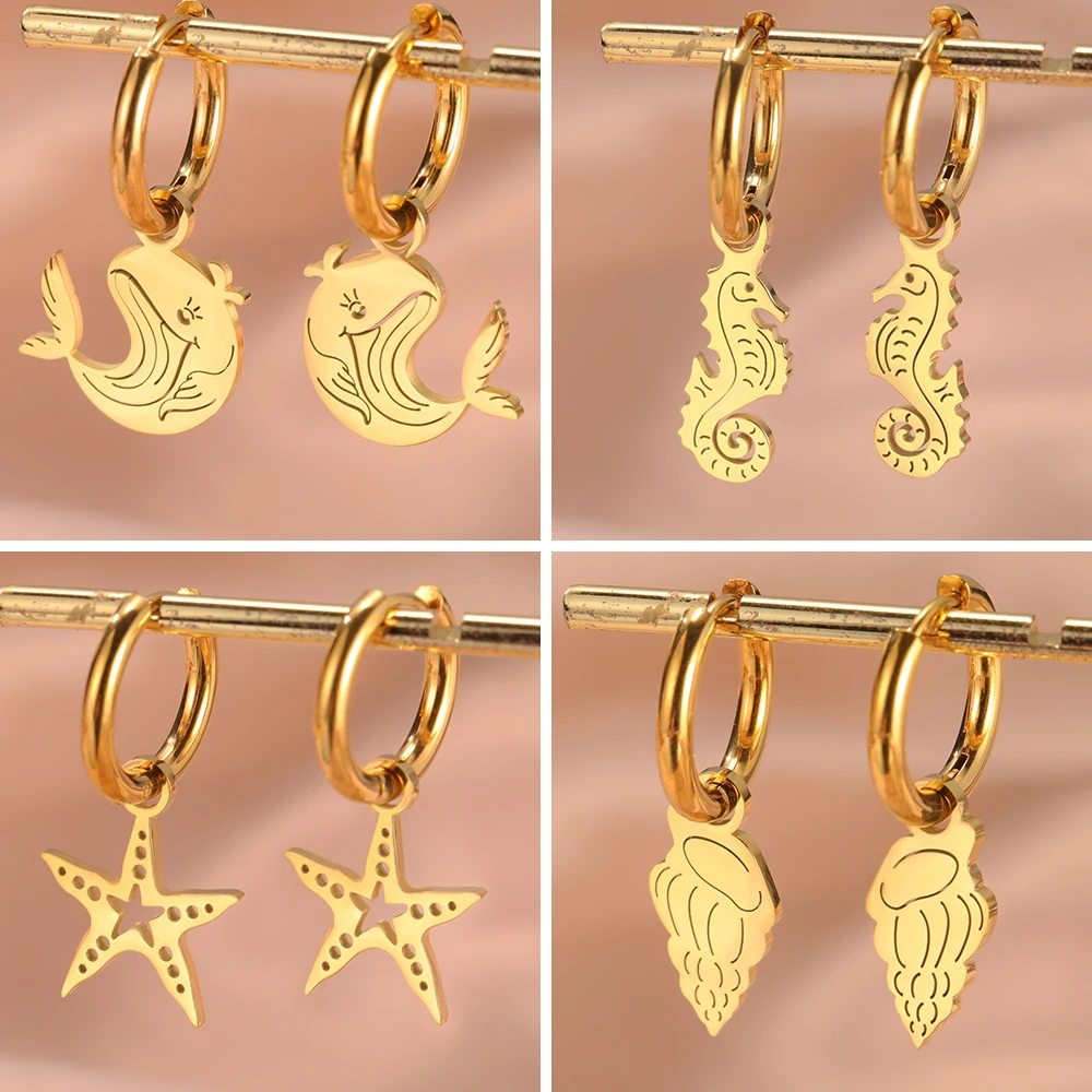 Skyrim Marine Life Drop Earrings Stainless Steel Women Girls Hoop Earring Whale Seahorse Starfish Conch Fish Sea Animal Jewelry