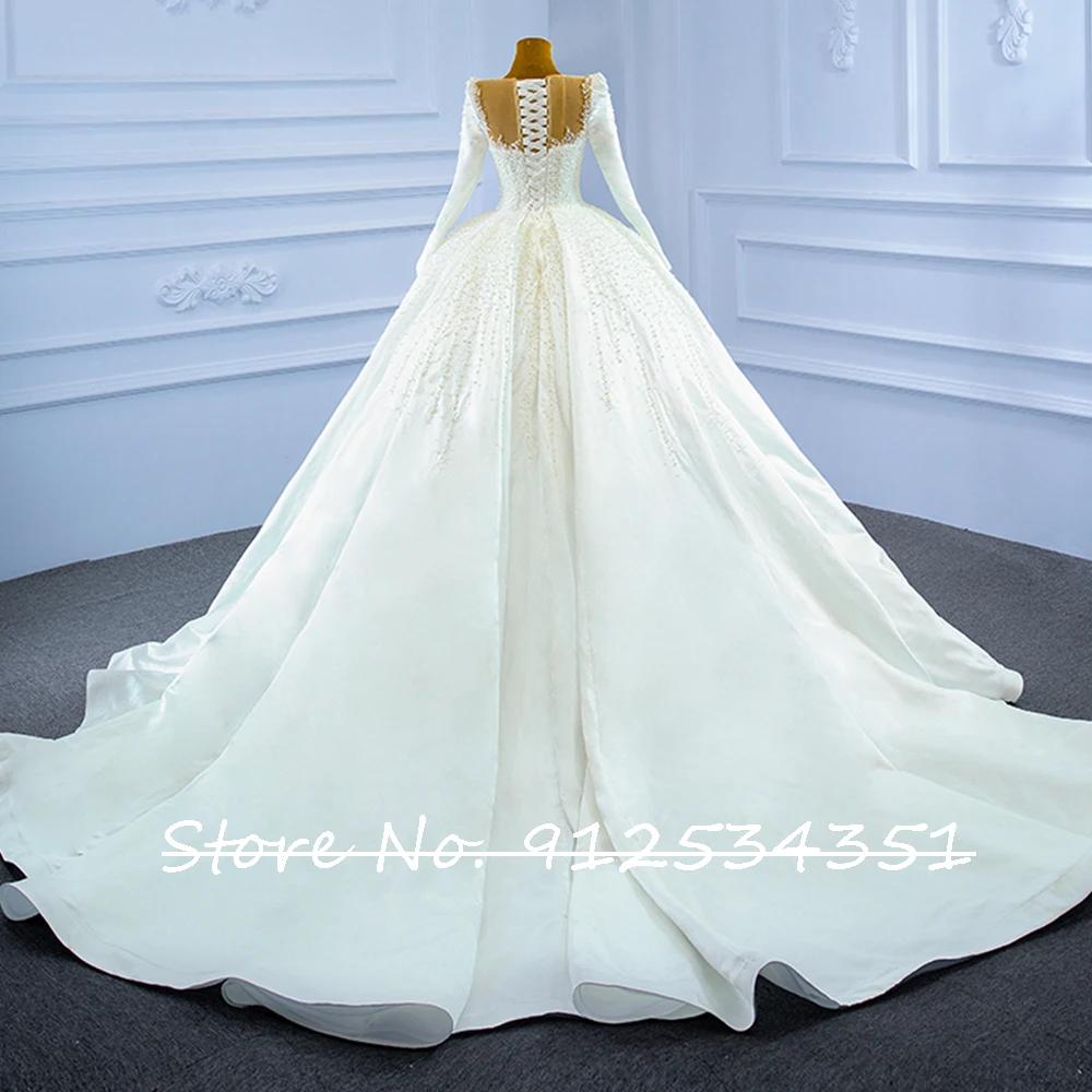 Vestidos De Novia Long Sleeve Satin Ball Gown Wedding Dresses Beading Pearls Crystal Robe Mariage Corset Back Vintage Trouwjurk