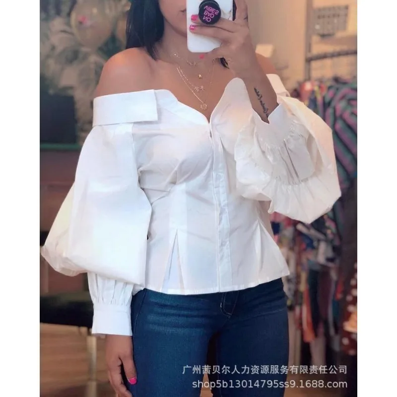 2024 Spring Summer New Women\'s Solid Color off-Shoulder Lantern Sleeve Single-Breasted Shirt Blouse