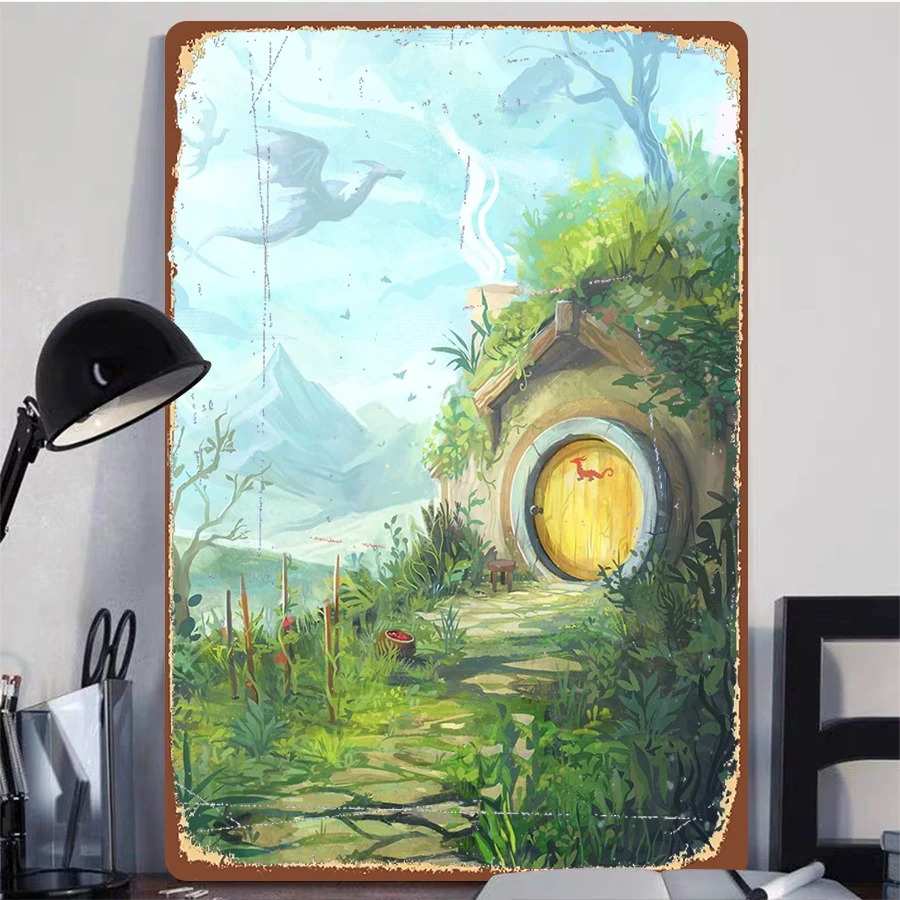 ملصق معدني بفتحة الهوبيت مع طباعة فنية لتزيين المنزل على شكل تنين وجبل #2