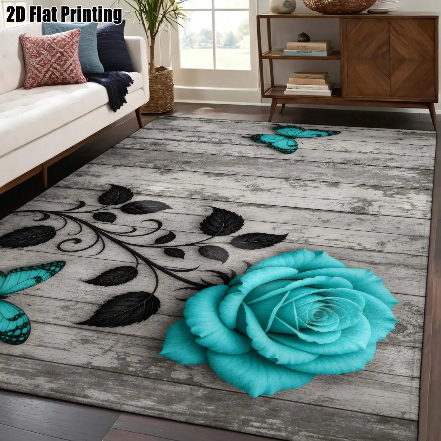 1Pc 2D Printed Carpet: Blue-Green Flower&Butterfly Patterns, Nordic/Instagram/Modern Minimalist/European/Vintage Style, Multi-Size, Machine Washable, Suitable for Entrance/Dining/Foyer/Bedroom/Living Room Home Decor