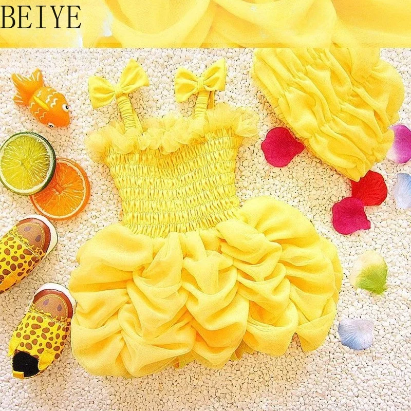 Dance Performance Swimsuit for Girls Solid Color Princess Swimwear Children's Sleeveless Bow Design Bubble Swim Suit