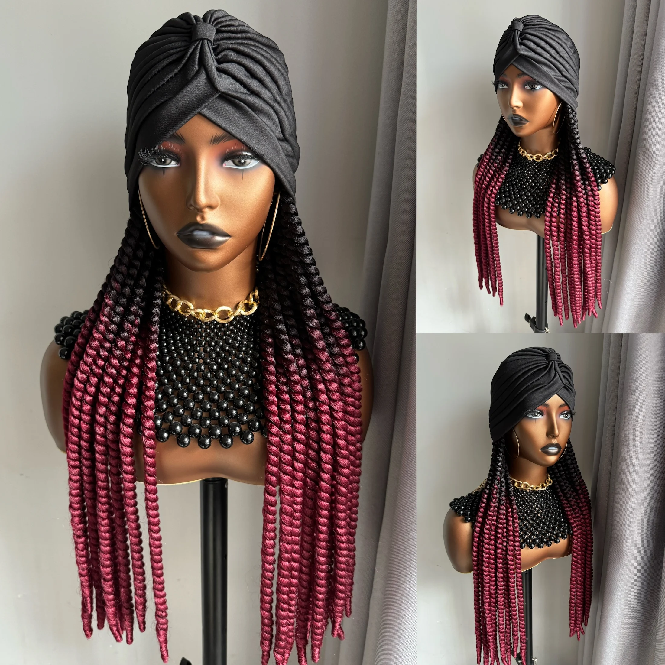 WIGERA Long Ombre Black Burgundy Synthetic Havana Mambo Twist Braided Spring Hair Extensions With Black Headband Turban Hat Wigs