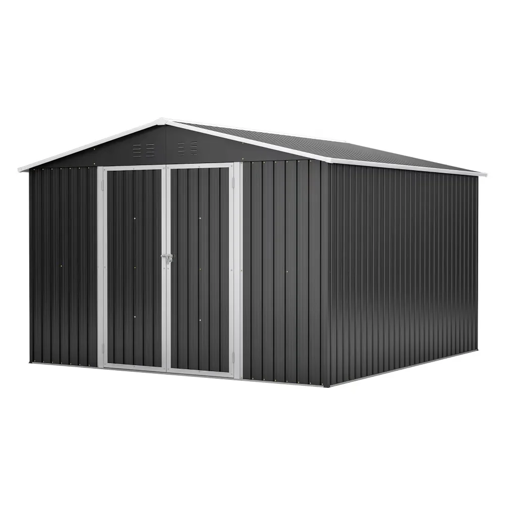 Outdoor Storage Shed 10x10 FT, Utility Metal Tool Storage with Lockable Doors and Updated Frame Structure