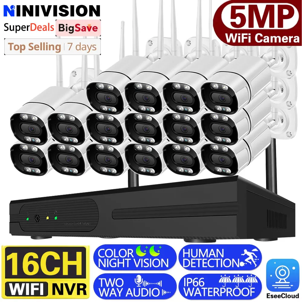 16CH 5MP Wireless Video Surveillance Security Camera System 10CH P2P NVR Two Way Audio Color Night Vision WIFI IP Bullet Camera