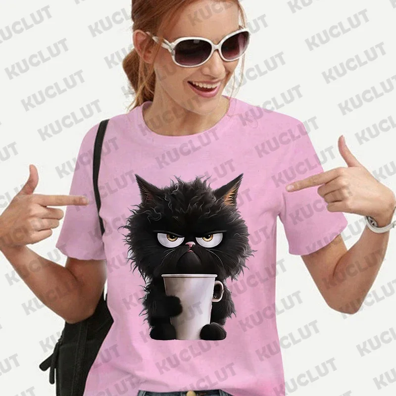 Camiseta de gato negro para mujer, ropa de calle con estilo Unisex, camisetas de manga corta para amantes de los gatos, camisetas de moda