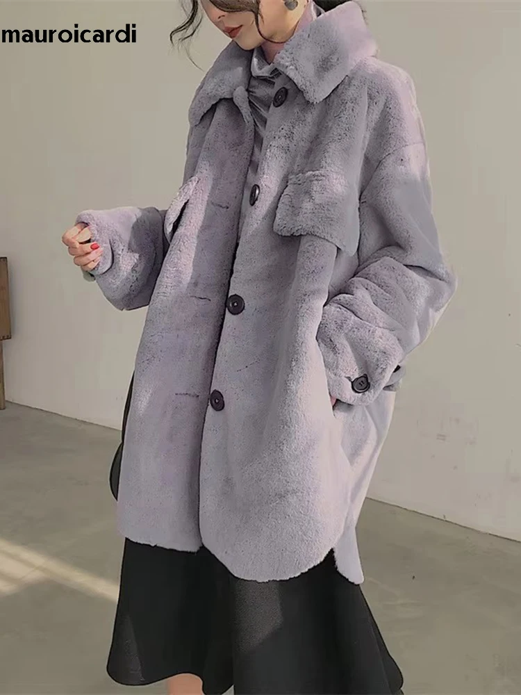 Mauroicardi Autumn Winter Oversized Thick Warm Soft Faux Fur Shirt Women Long Sleeve Loose Casual Soft Fluffy Jacket Coat 2024