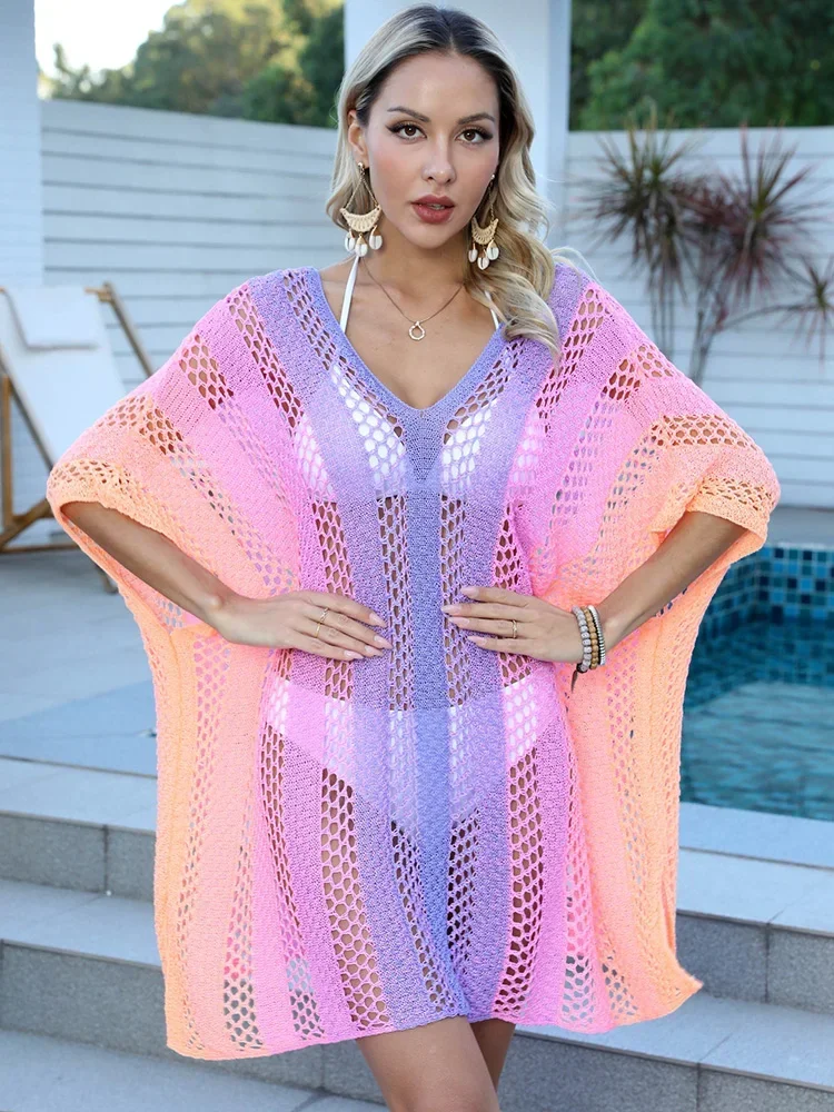 

New Gradient Hollow Out Bikini Cover Up Women Beach Cover-Ups V-Neck Beach Dress Summer New Fashion Female Vacation Beachwear