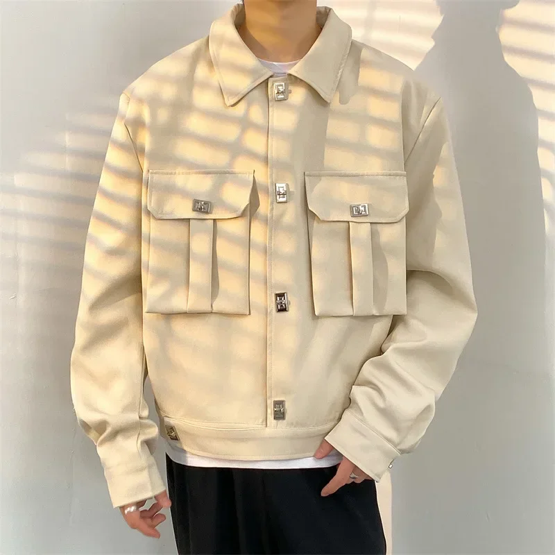 

Korean New Fashion Solid Coat Men's Spring Autumn High-end Loose Lapel Top Busines Casual Button Short Jacket Vintage Streetwear