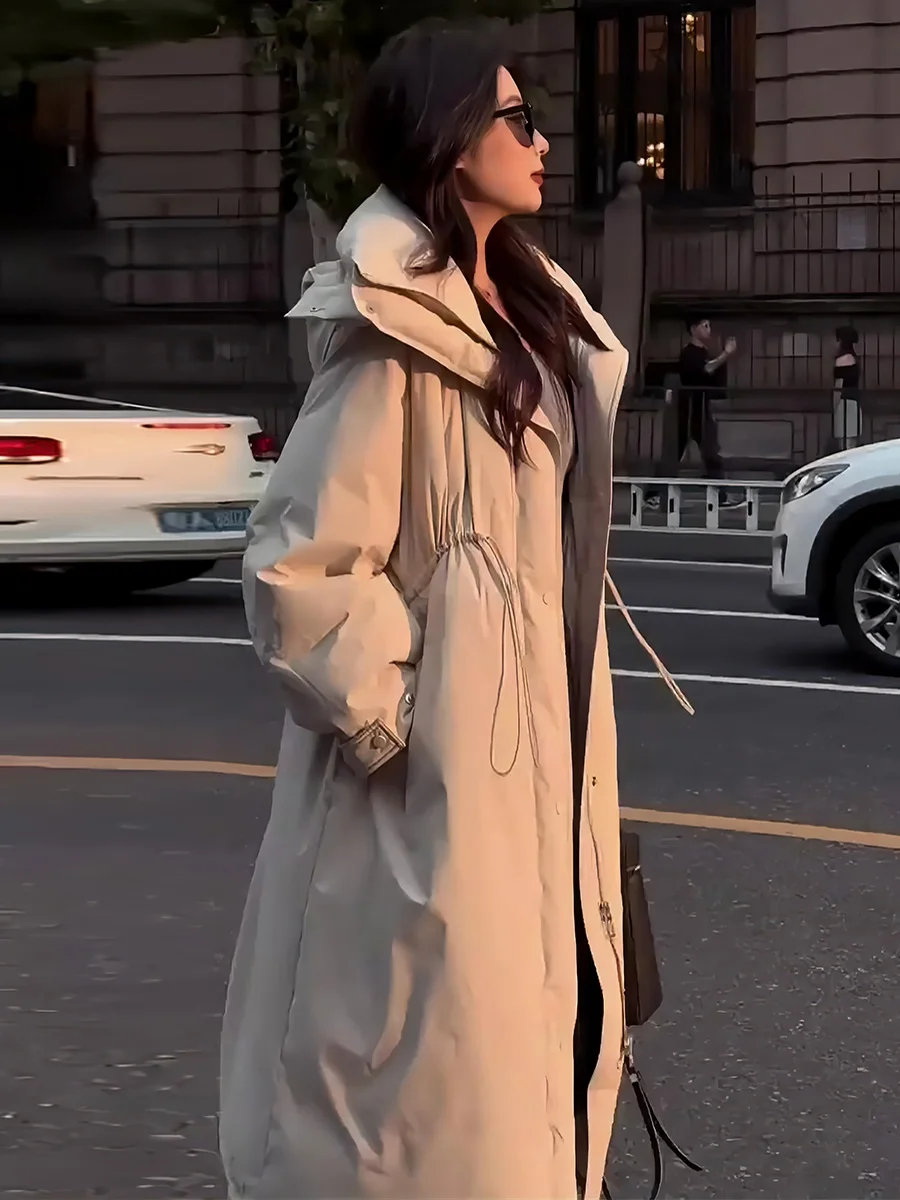 

Модное длинное белое пуховое пальто для женщин с капюшоном на шнурке, утепленное, для повседневной носки, зимняя верхняя одежда