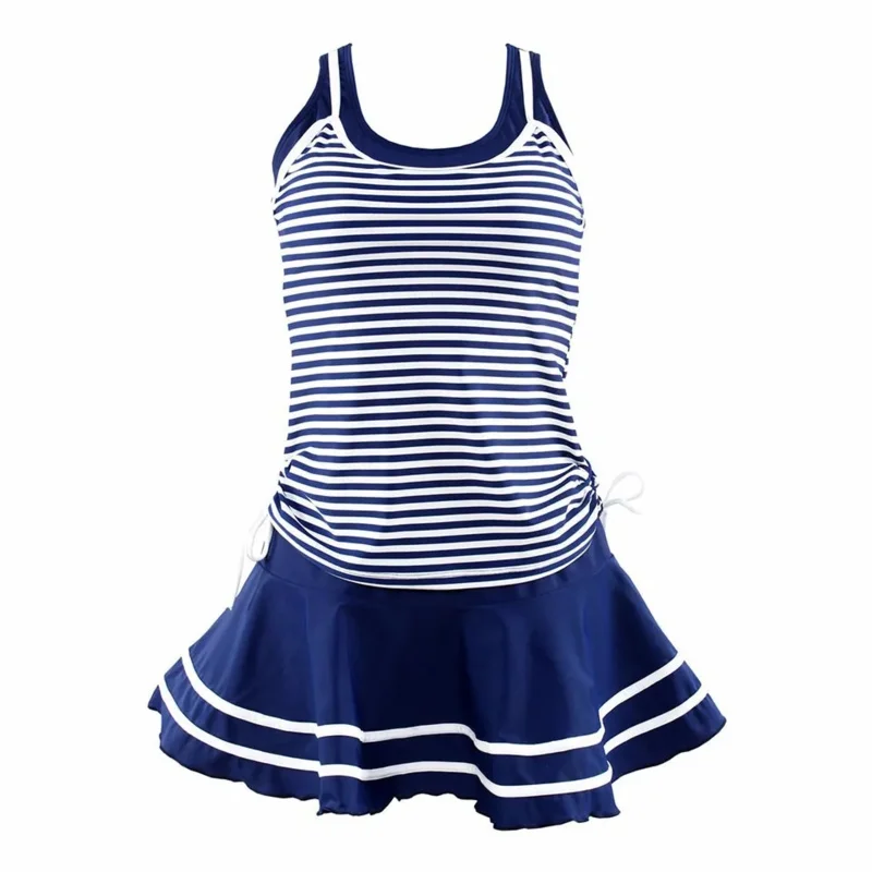 Women School Sporty Style Swimwear Navy stripes Print Tankinis Two Pieces Dress Swimsuits Plus Size