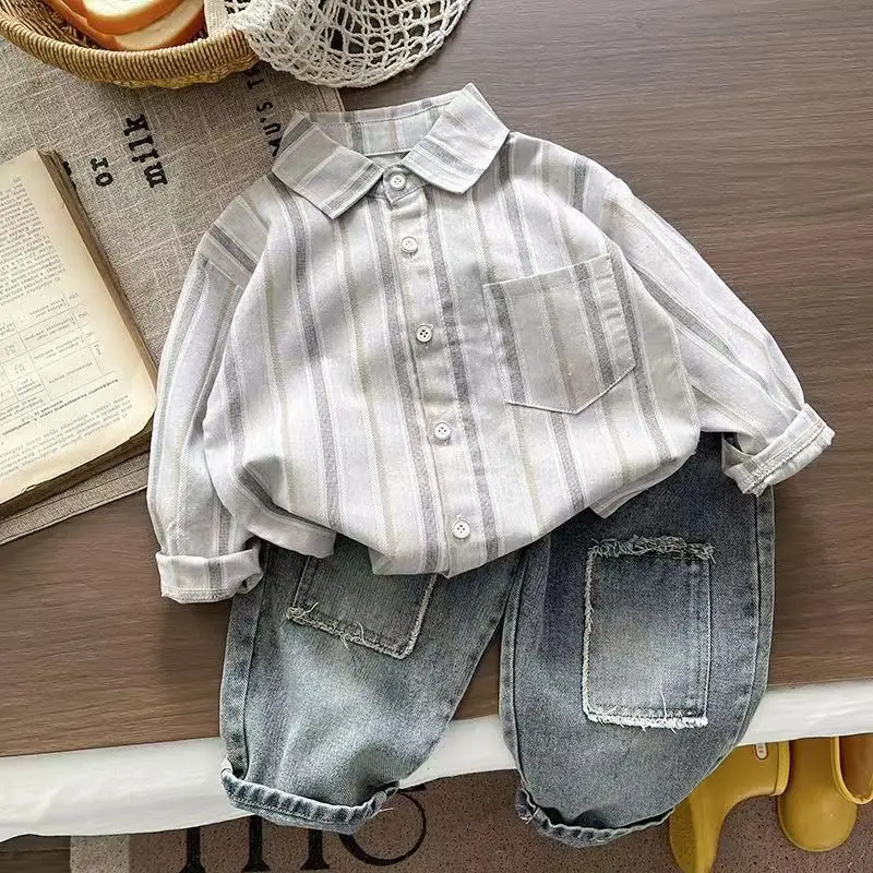 Boys 2Pcs Vertical Striped Lapel Pocket Shirt Raw Edge Patch Pocket Roll Cuff Washed Denim Pants Kids Casual Outfit Set