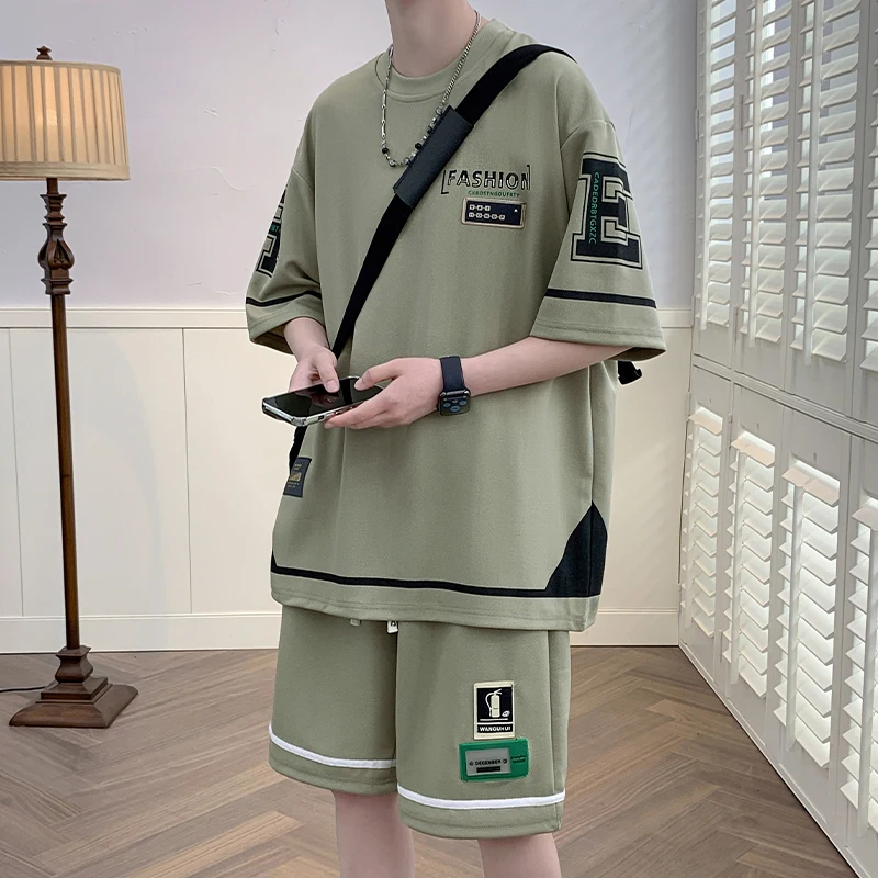 

Летний комплект из ледяного шелка для мужчин: повседневная одежда для подростков и студентов, футболка и брюки до щиколотки