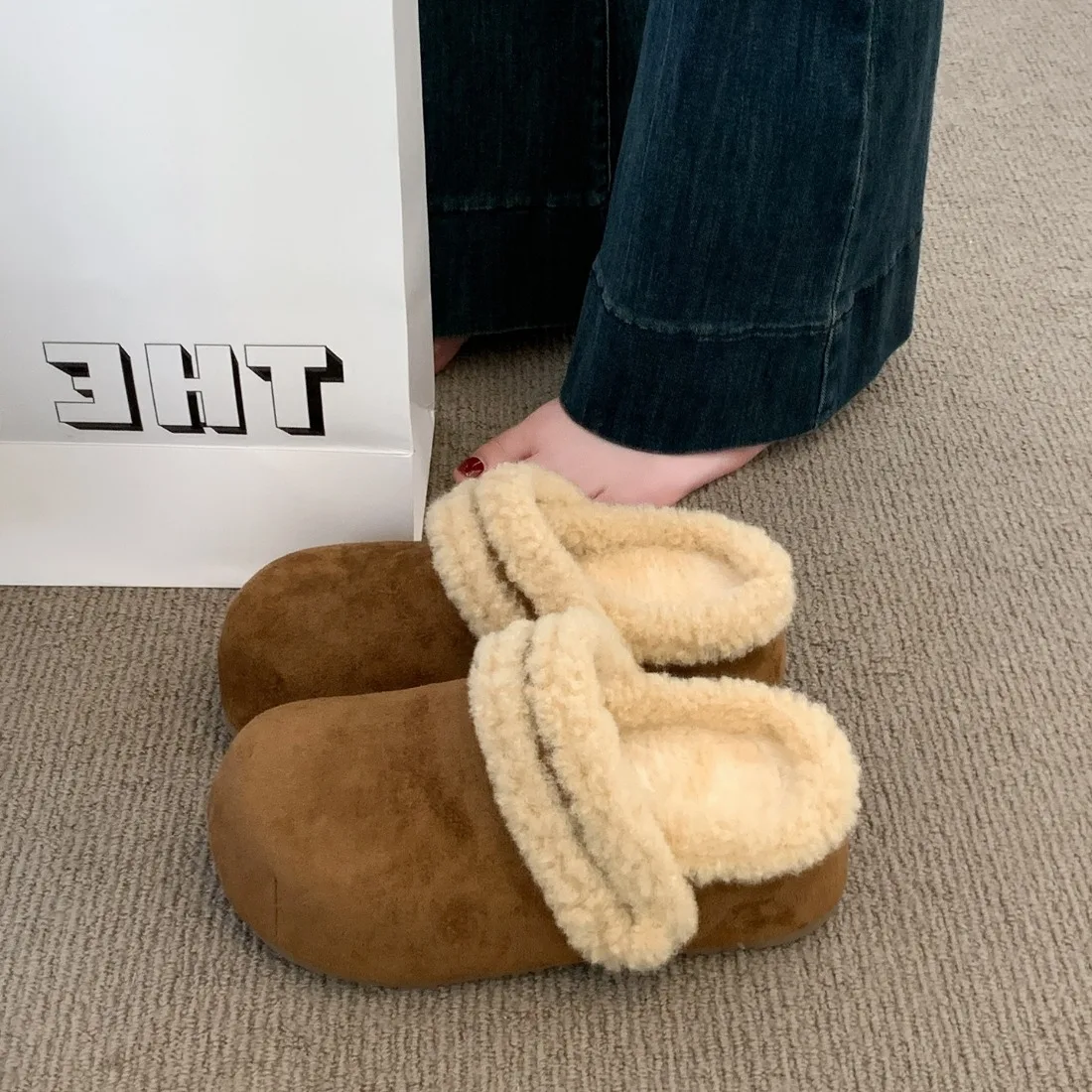 

Thick-soled Inner Height-increasing Slippers Plush Slippers Women's Outer Wear New Winter Bag Head Half-towed Cotton Slippers