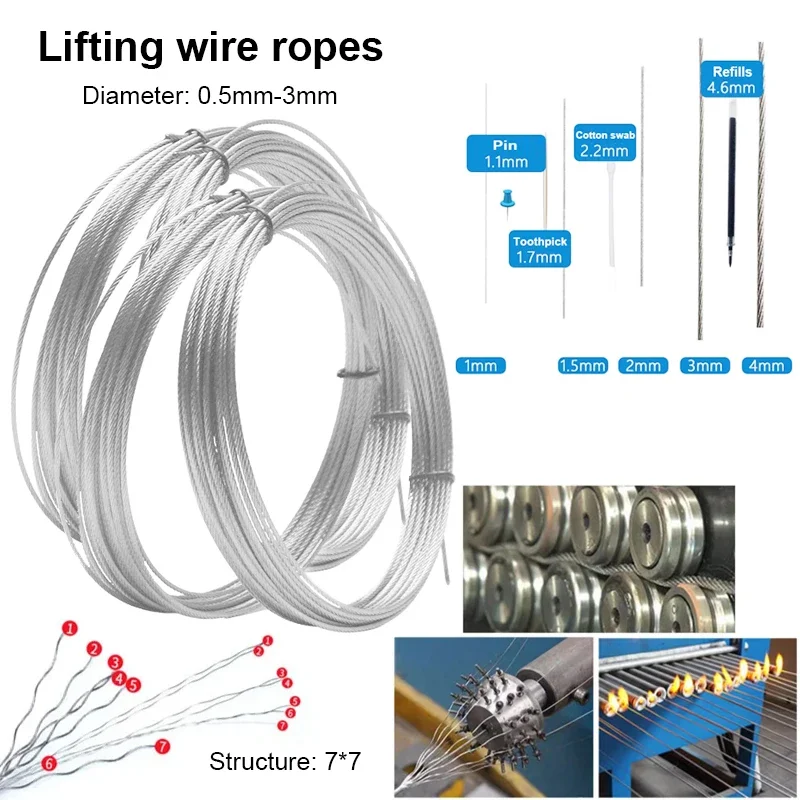 10M Stainless Steel Wires Ropes 1-3mm Rustproof Lifting Line Aircraft Cable Wire Ropes for Yard Zipline Deck Railing