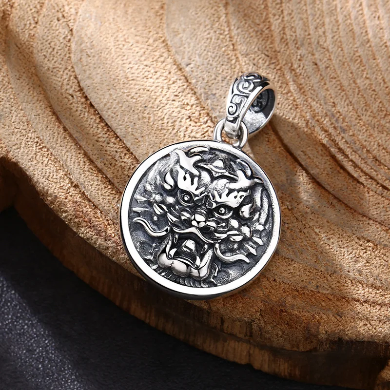 S925 Sterling Silver Dragon Head Pendant Black Color Old Process Scale Relief Unisex Charm Fine Jewelry FYNE361