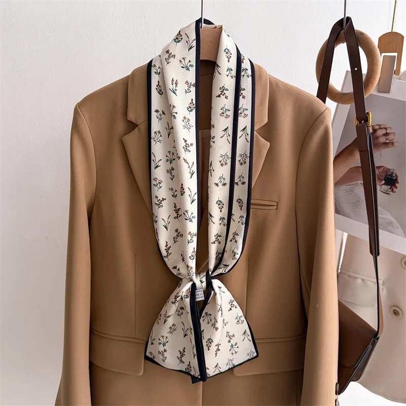 Luxury temperament double layer small flower scarf ribbon decoration suit necktie small long strip headband silk scarf women