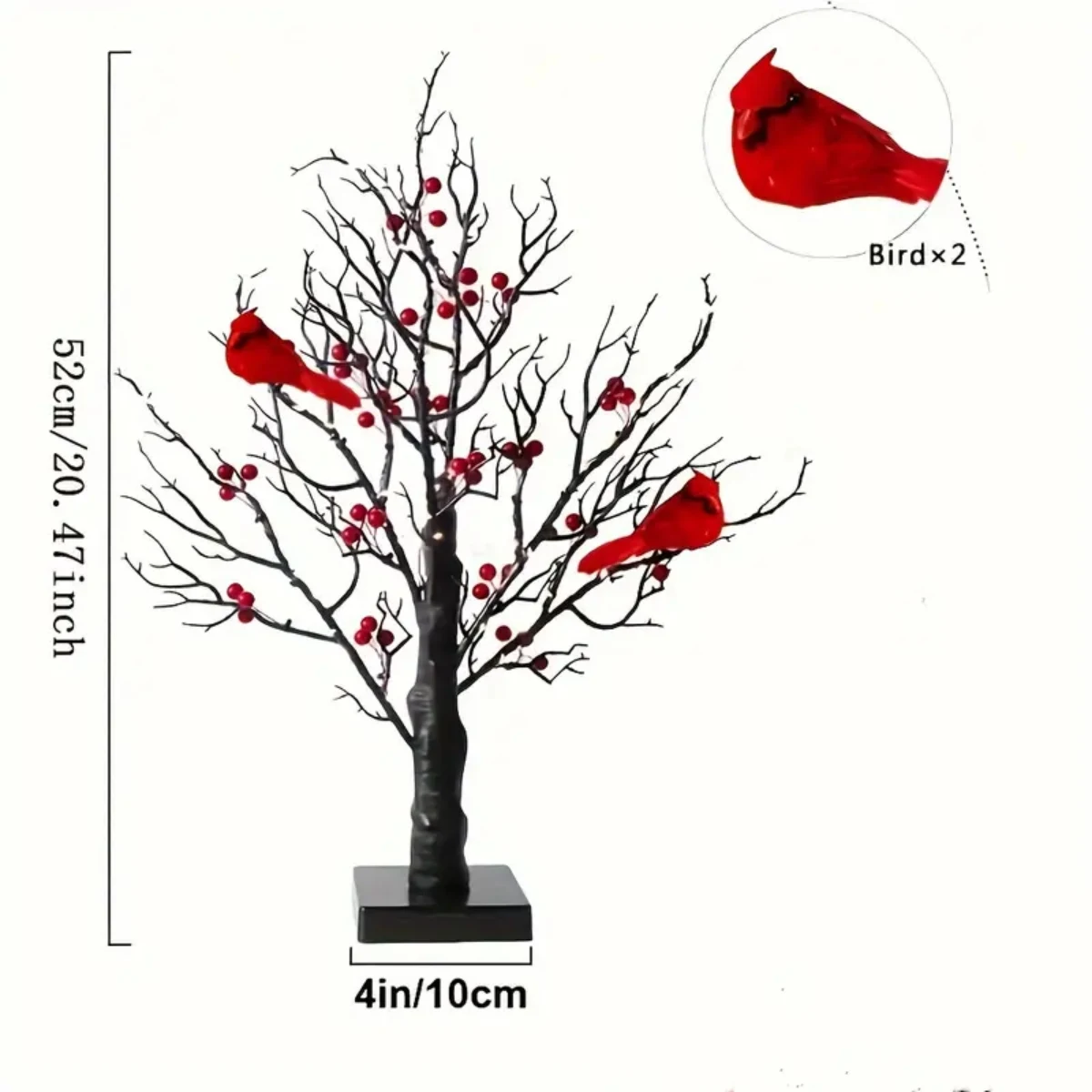 1pc 60 LED Black Artificial Birch Lighting With Red Berry And Bird Parrots Battery Operated Tabletop Mini Artificial Tree Lamp