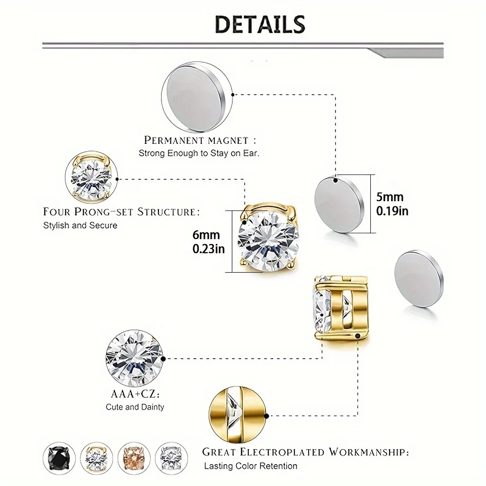 Classy 18K Gold Plated Stainless Steel Magnetic Stud Earrings for Men with Sparkling Cubic Zirconia - Hypoallergenic and Trendy