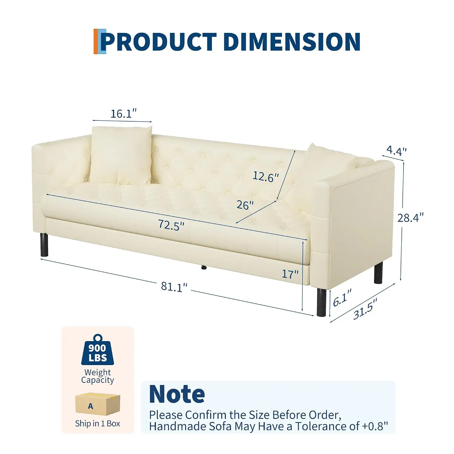 Leather Sofa Deep Seat Button Tufted 3 Seater For Living Room Apartment Office 81 In, Customized